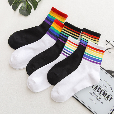 LGBT Striped Fashion Korean Streetwear Women Rainbow Socks Warm Funny Candy White Black Short Winter Cotton Neon Happy Socks ► Photo 1/6