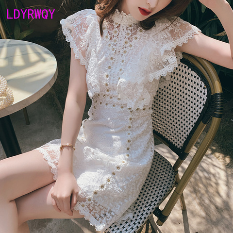 LDYRWQY  Japanese style white lady temperament short lace flower dress Office Lady  Polyester  Sheath  Sleeveless  Zippers ► Photo 1/6
