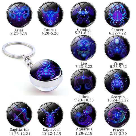 New 12 Constellation Keychain Bull Sheep Lion Crab Scorpion Zodiac Glass Ball Key Chain Car Key Ring Men Birthday Gift ► Photo 1/6