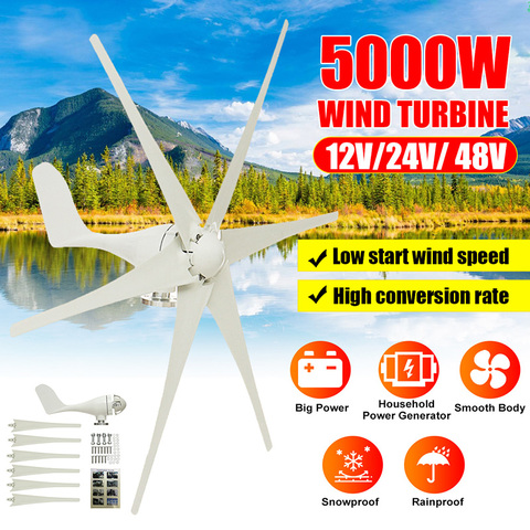 6 Fiber Blade Wind Turbines 5000W Horizontal Home Wind Generator Windmill Energy Turbines Charge 12V 24 V 48 Volt Power 12V