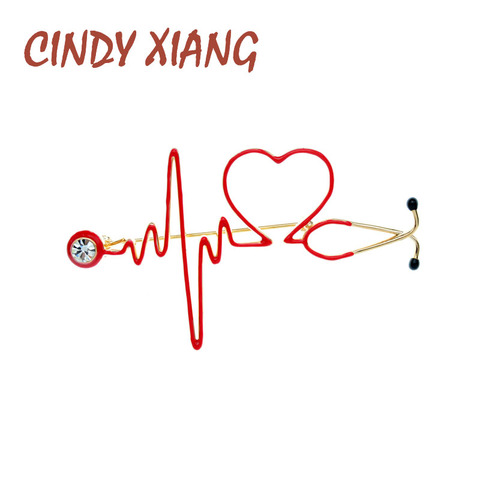 CINDY XIANG Heart Beating Line Stethoscope Doctor Medical Brooch Red Enamel Copper Material BR10-0072 ► Photo 1/6