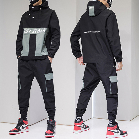 Mens Cargo Pullover Streetwear Hooded Tracksuit 2 Pieces Sets Jackets And Cargo Pants Loose Fitness Pants Hip Hop jacket ► Photo 1/5