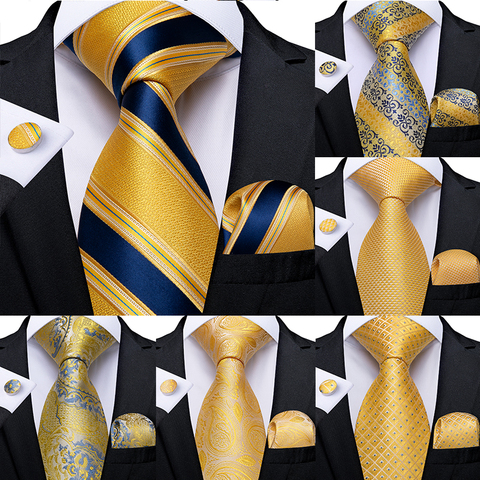 Fashion Men Tie Luxury Yellow Blue Striped Paisley Plaid Silk Wedding Tie For Men DiBanGu Designer Hanky Cufflinks Gift Tie Set ► Photo 1/6