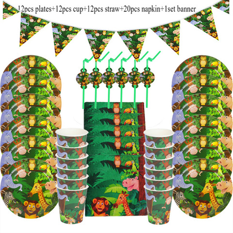 Cartoon Jungle Animal Disposable Party Tableware Sets Kids Birthday Safari Party Decor Baby Shower Forest Theme Party Supplies ► Photo 1/6