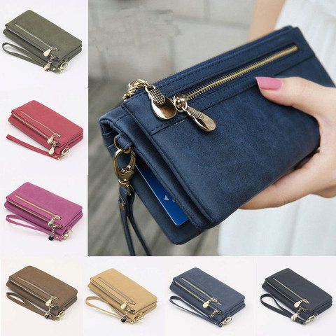 Fashion Women Wallets Dull Polish Leather Wallet Double Zipper Day Clutch Purse Wristlet Portefeuille Handbags Carteira Feminina ► Photo 1/6