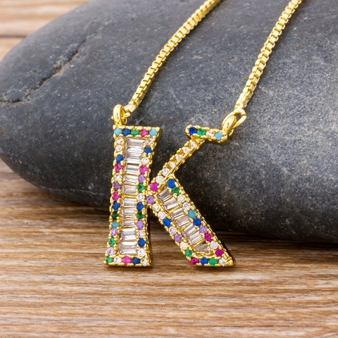 Buy Online New Arrival Fashion Special Custom Design 26 Initial Letters Necklace Copper Cz Rainbow Pendant Best Family Name Jewelry Gift Alitools