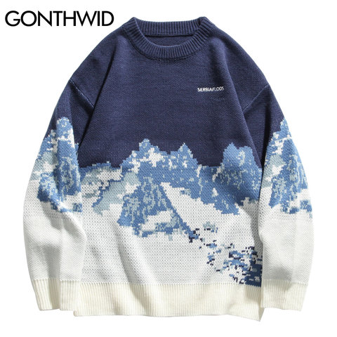 GONTHWID Snow Mountain Knitted Jumper Sweaters Streetwear Mens Hip Hop Harajuku Pullover Knitwear Tops Fashion Knit Outwear Male ► Photo 1/6