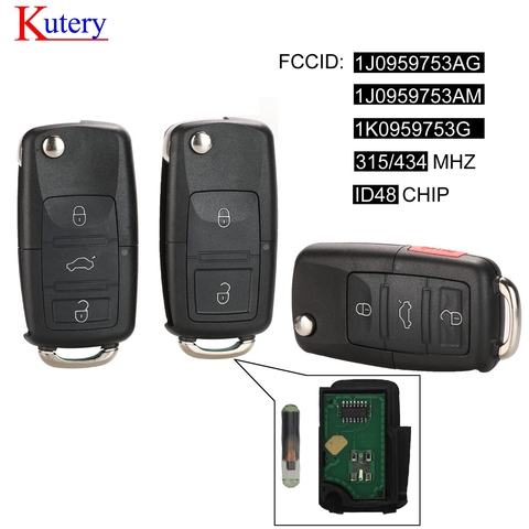 kutery 2/3/4 Button Flip Remote Key Fob 434MHz ID48 Chip For VW Beetle Bora Golf Passat Polo Transporter T5 1J0 959 753 AG ► Photo 1/6