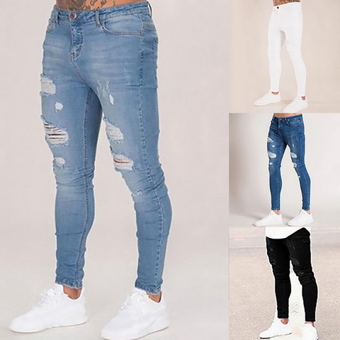2022 Pencil Pants Elastic Sweatpants Men Fit Solid Ripped Denim Harem Pants Casual Black Blue White Destroyed Jeans Pants ► Photo 1/6