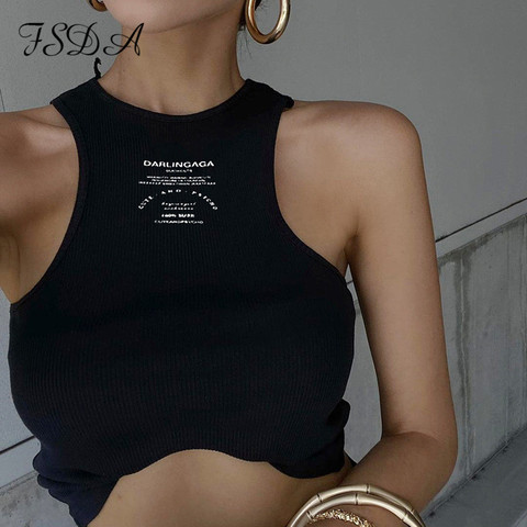 FSDA 2022 Letter Print Crop Top Women Casual Summer Off Shoulder Black Basic Sexy White Ribber Fashion Tank Tops Sleeveless ► Photo 1/6