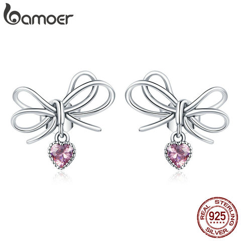 bamoer 925 Sterling Silver Jewelry Gift with Bow CZ Light Stud Earrings for Women Girls Gift Statement Jewelry SCE962 ► Photo 1/6
