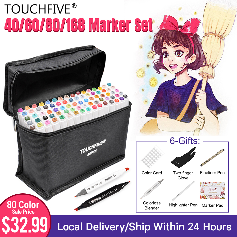 TOUCHFIVE Art Marker Set 12/24/36/48/80/168 Colors Alcohol Base Markers  Manga Sketch Drawing Marker Pen For Dual Headed Tip Pen