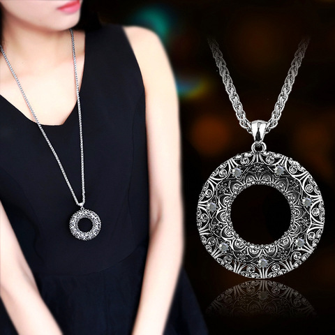 Vintage Rhinestone Statement Round Circle Long Necklace For Women 2022 New Sweater Necklaces & Pendants Jewelry ► Photo 1/6