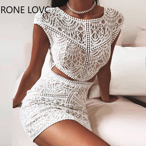 Women Solid Crochet Lace Mesh Mini Dress Elegant Fashion Chic Dress Bodycon Dress ► Photo 1/3