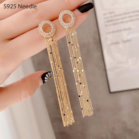 Real 925 Sterling Silver Needle Long Dangle Earrings for Women Jewelry Bling Gold Tassel CZ Female Drop Earrings ► Photo 1/6