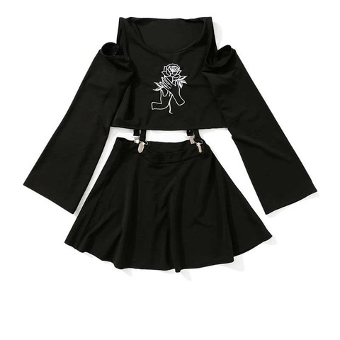 NiceMix Harajuku Women's Dress Handheld Rose Embroidery Black Short Mini A-Line Punk Style Dress Female Sets 2022 New Two Pieces ► Photo 1/6