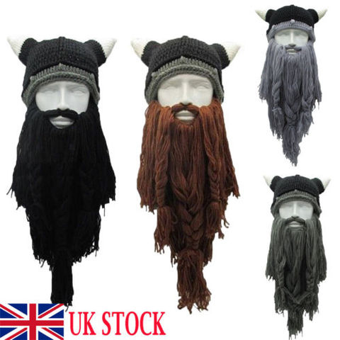 Hirigin Brand Knit Viking Beard Horn Hat Crazy Ski Cap Barbarian Beanie Halloween UK ► Photo 1/6