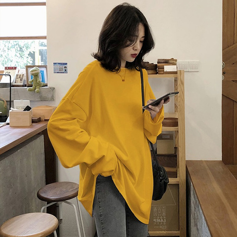 2022 spring Solid Simple oversized tshirt harajuku long T Shirt Women kawaii T-shirts Women 90s White yellow long Sleeve Tops ► Photo 1/5