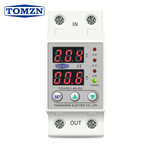 Dual display 230V Din rail Adjustable Over Under Voltage current Protective Device Protector Relay TOMZN TOVPD1-63-EC ► Photo 1/6