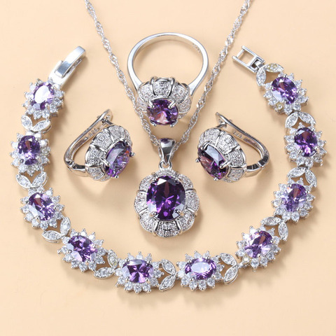 Jewelry Sets Wedding-Engagement Accessories Silver 925 Natural Purple Crystal Clip Earrings Pendant Charm Bracelet And Ring Sets ► Photo 1/6