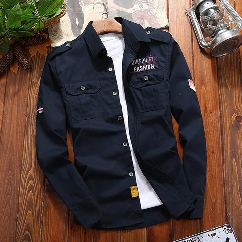 Men's Shirts Military Cotton Shirt Khaki Casual Retro Slim Fit with Pocket Long Sleeve Vintage Jacket Streetwear Drop Shipping ► Photo 1/6