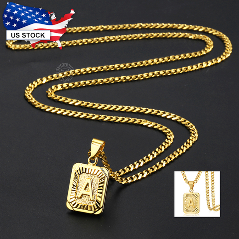 Womens Mens Necklace Stainless Steel Gold Color Curb Cuban Link Chain Square Letter Pendant Necklace for Men Dropship LGP57_B ► Photo 1/6