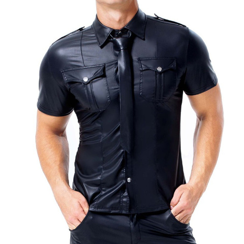Men PU Leather T-shirt Tie Turn-down Collar Button Short Sleeve Tee Shirts Sexy Chemise Latex Clubwear Tops Streetwear Plus Size ► Photo 1/6