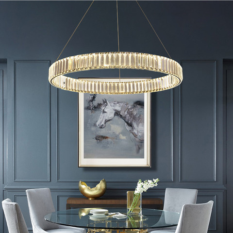 Modern minimalist crystal ring light luxury living room round stainless steel crystal suspension luminaire pendant lights led ► Photo 1/6