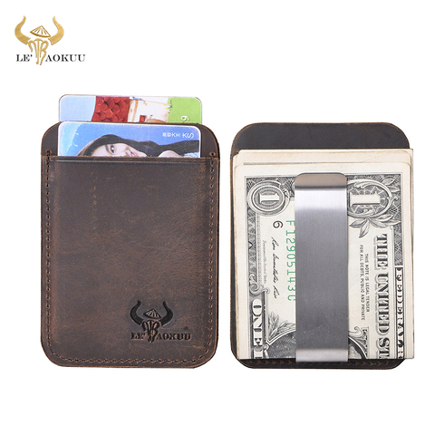 2022 Trend Luxury Unisex Crazy Horse Leather Design Fashion Travel Gift Slim Wallet Front Pocket Money Clip Mini Bill Purse C059 ► Photo 1/6
