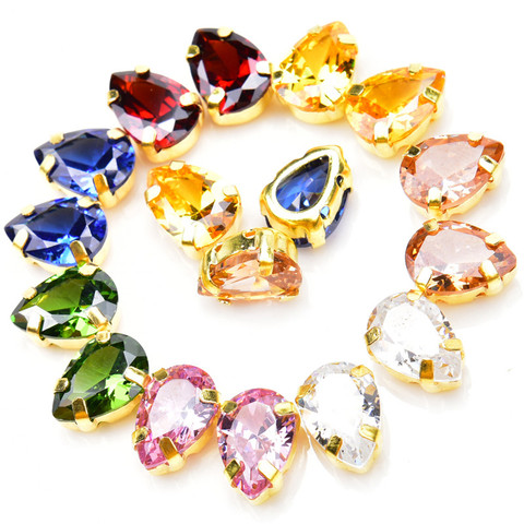 Teardrop Colorful Glass Sew On Rhinestones With Gold Claw