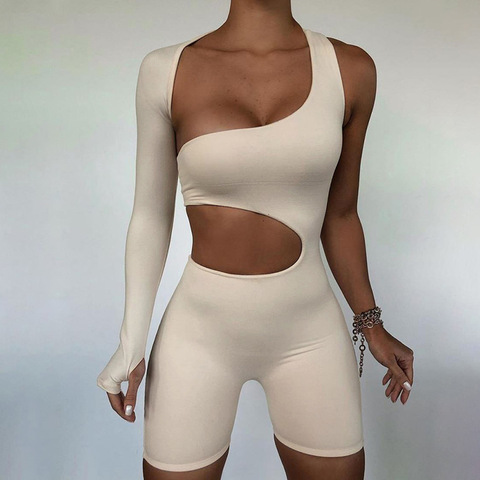 2022 Winter Autumn Women Sexy Fitness Jumpsuit One Shoulder Skinny Bodycon Solid Sport Romper Playsuit for Women S-L ► Photo 1/4