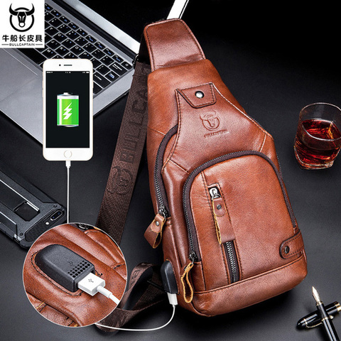 2022 new 100% cowhide Leather Casual Fashion Crossbody Chest Bag men's leather bag USB Charging Travel Shoulder Bag Daypack Male ► Photo 1/6
