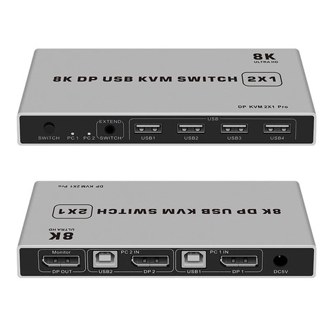 DP KVM Dual-port Displayport KVM Switch 8K@60Hz USB Displayport KVM DP Switcher 4KX2K/60Hz Displayport 2 in 1 out KVM USB ► Photo 1/6