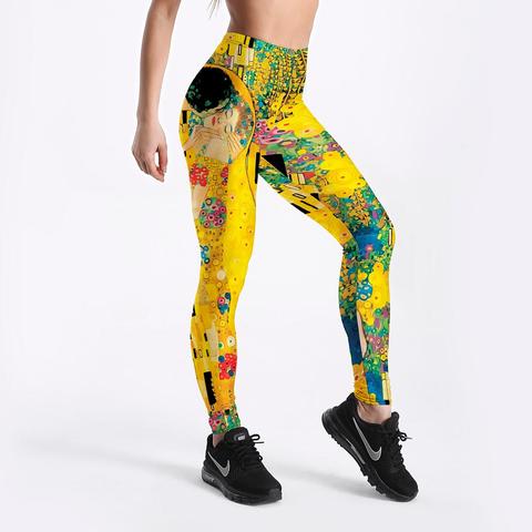 Qickitout 12% Spandex Sexy Workout Yellow Leggings Women Strength Printed Love Retro Painting Leggings Push Up Pants ► Photo 1/6