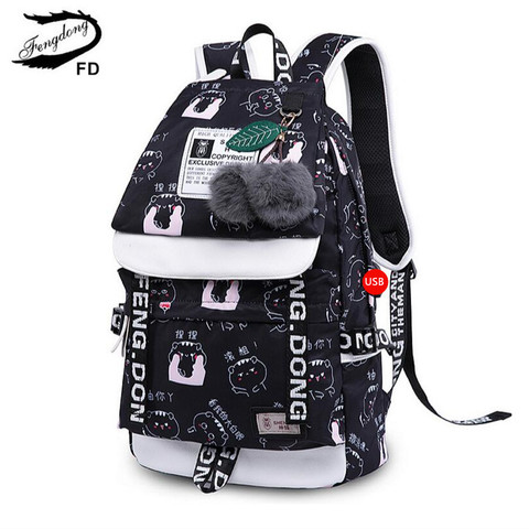 Fengdong cute cat printing school backpack for girls waterproof book bag children school bags female travel laptop backpack usb ► Photo 1/6