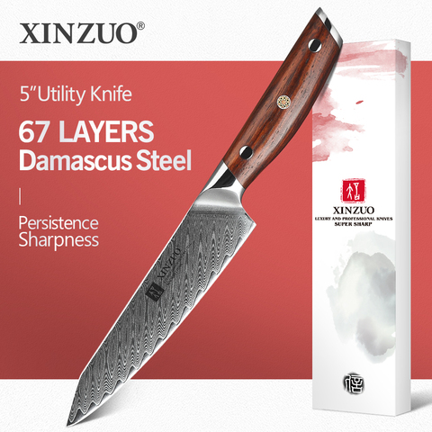 XINZUO 5'' Utility Knife Japanese VG10 Core Damascus Steel Kitchen Knives Sharp Blade For Fruit Peeling Slicer Rosewood Handle ► Photo 1/6