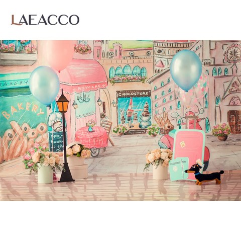 Laeacco Pink Balloons Watercolor City Shop Street Birthday Party Baby Portrait Photo Background Photography Backdrop Photostudio ► Photo 1/6