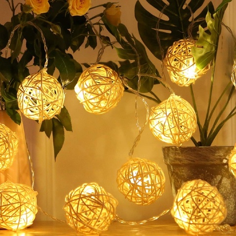 Rattan Ball Christmas Lights String 2.5M 20Leds Warm White Garland 3.2cm Diameter Ball for Holiday Decoration Fairy Lamp Navidad ► Photo 1/6