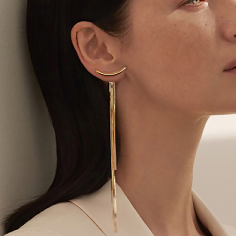 Vintage Gold Color Bar Long Thread Tassel Drop Earrings for Women Glossy Arc Geometric Korean Earring Fashion Jewelry 2022 New ► Photo 1/6