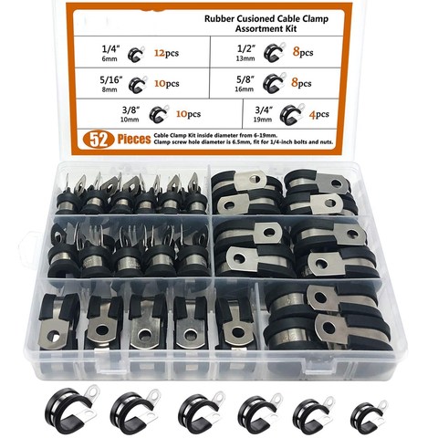 Cable Clamp,52pcs Rubber Cushion Insulated Clamp.Stainless Steel Metal Clamp (Assortment Kit 3) ► Photo 1/6