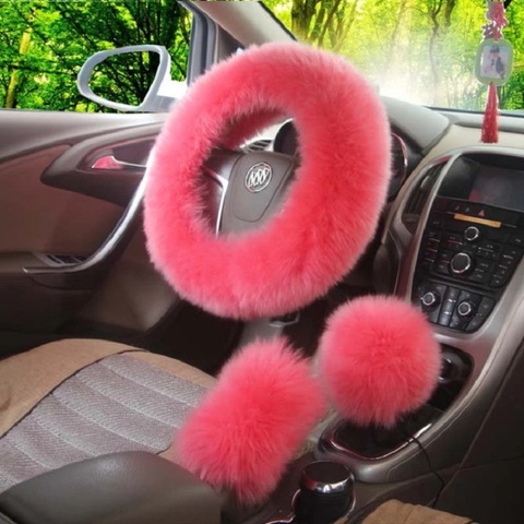 Winter Fur Warm long Wool Plush Steering Wheel Cover Woolen Winter fur Leather Handle Sleeves Car Accessory ► Photo 1/5