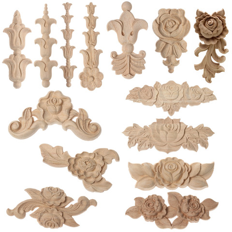 Natural Woodcarving Rose Flower Corner Appliques Wood Floral Carved Furniture Cabinet Door Unpainted Mouldings Decal Decorative ► Photo 1/6