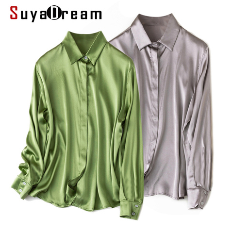 SuyaDream Woman Solid Shirt 93%Silk 7%Spandex Satin Long Sleeves Chic Blouse Shirt 2022 Spring Autumn Office Lady Shirt ► Photo 1/6