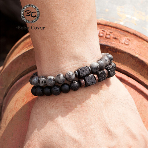 Stone bracelet beads Square lava Rock natural homme fashion bangles Bracelets Men Wooden bead Accessories Jewelry Beat Gifts ► Photo 1/6