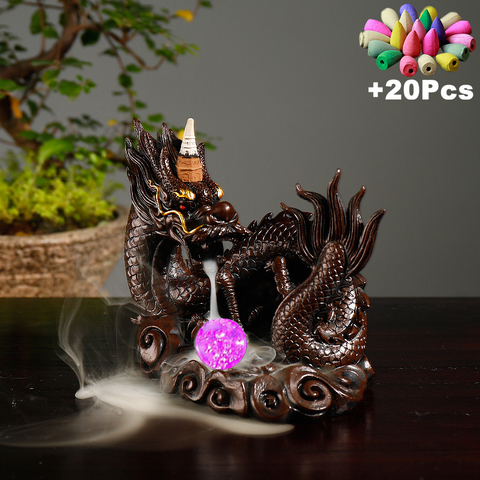 Chinese Dragon Lucky Mascot Ornaments Backflow Incense Burner With LED Glowing Ball Incense Fountain Gift 20Pcs Incense Conese ► Photo 1/6