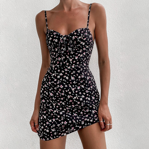 Chic Spaghetti Strap Black Floral Sundress Women Sleeveless V-Neck Mini Bodycon Dress Summer Ladies Sling Backless Vestido ► Photo 1/6