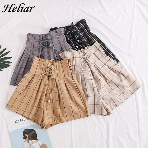 HELIAR Women Shorts Plaid Drawstring Hot Shorts With Ribbons Elastic Waist Wide Leg High Waist Shorts For Women 2022 Autumn ► Photo 1/6