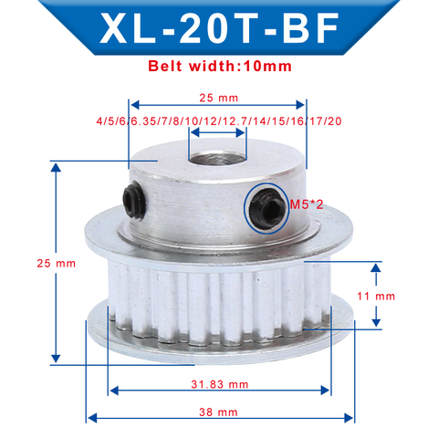 XL 20 T Timing Pulley Bore 4/5/6/14/20 mm Teeth Pitch 5.08 mm Aluminum Pulley Wheel Teeth Width 11 mm For 10 mm XL Timing Belt ► Photo 1/6