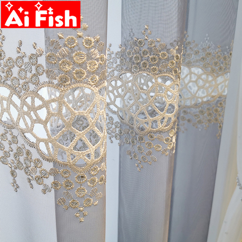 Luxury Gray Hollow Out Embroidery Tulle Curtains for Living Room White Flowers Lace Bottom Window Drapes for Bedroom MY489#30 ► Photo 1/6