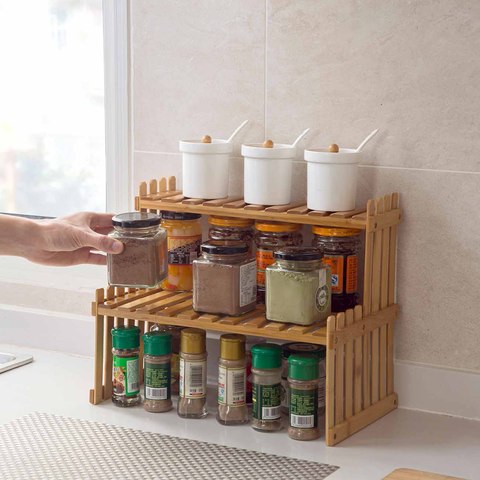 2 Layers Bamboo Storage Rack Kitchen Spice Jar Bottle Seasoning Rack Decoration Organizer Shelf Home Desktop Racks ► Photo 1/5